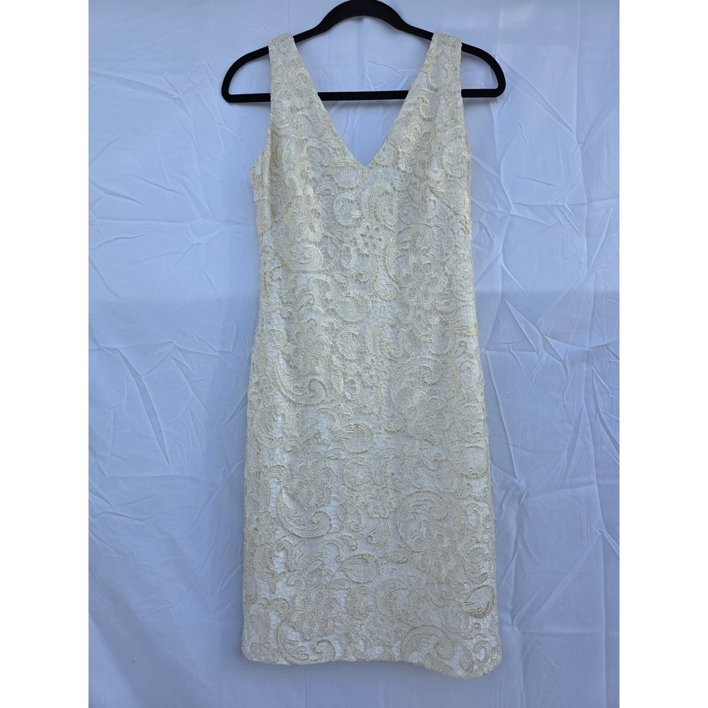 Lauren Ralph Lauren Gold Metallic Ivory Lace V-Neck Sheath Cocktail Dress SZ 4